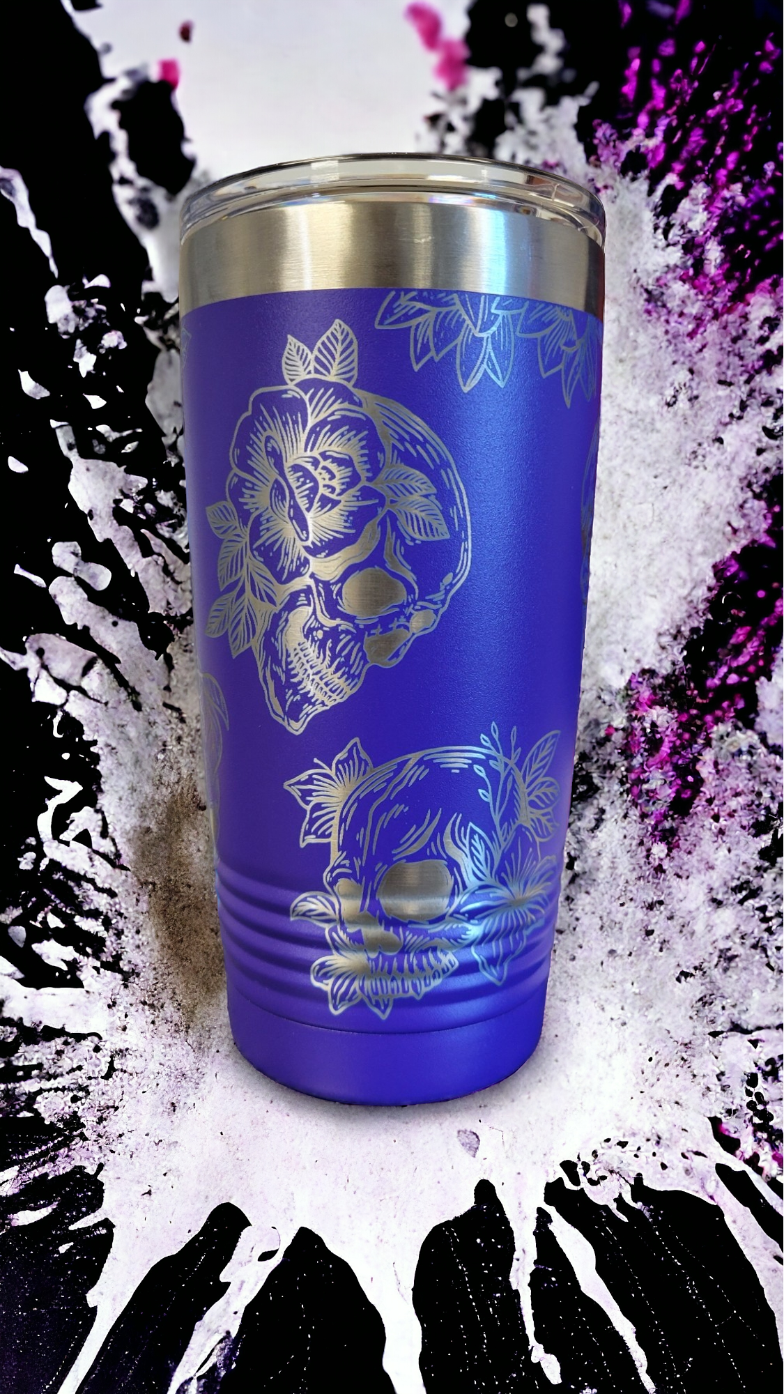 20oz Purple Tumbler, Full Wrap, "Roses & Skulls"