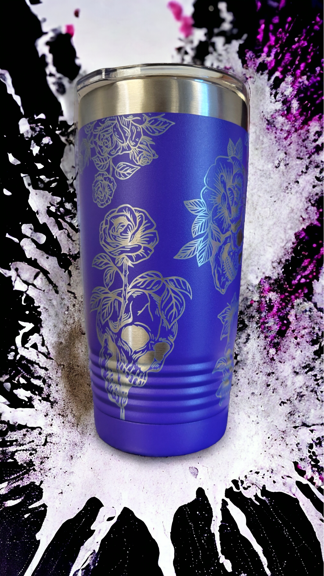 20oz Purple Tumbler, Full Wrap, "Roses & Skulls"