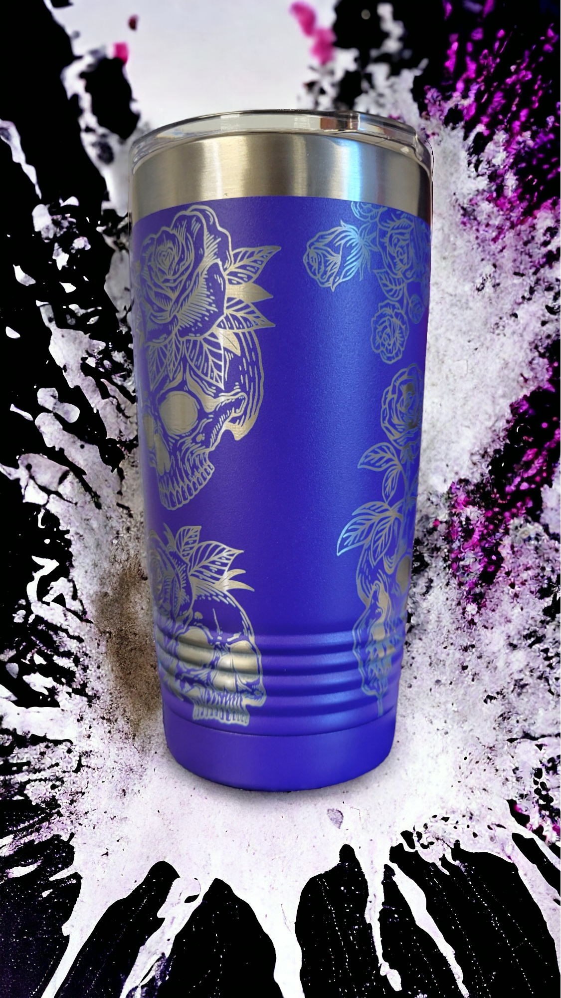 20oz Purple Tumbler, Full Wrap, "Roses & Skulls"