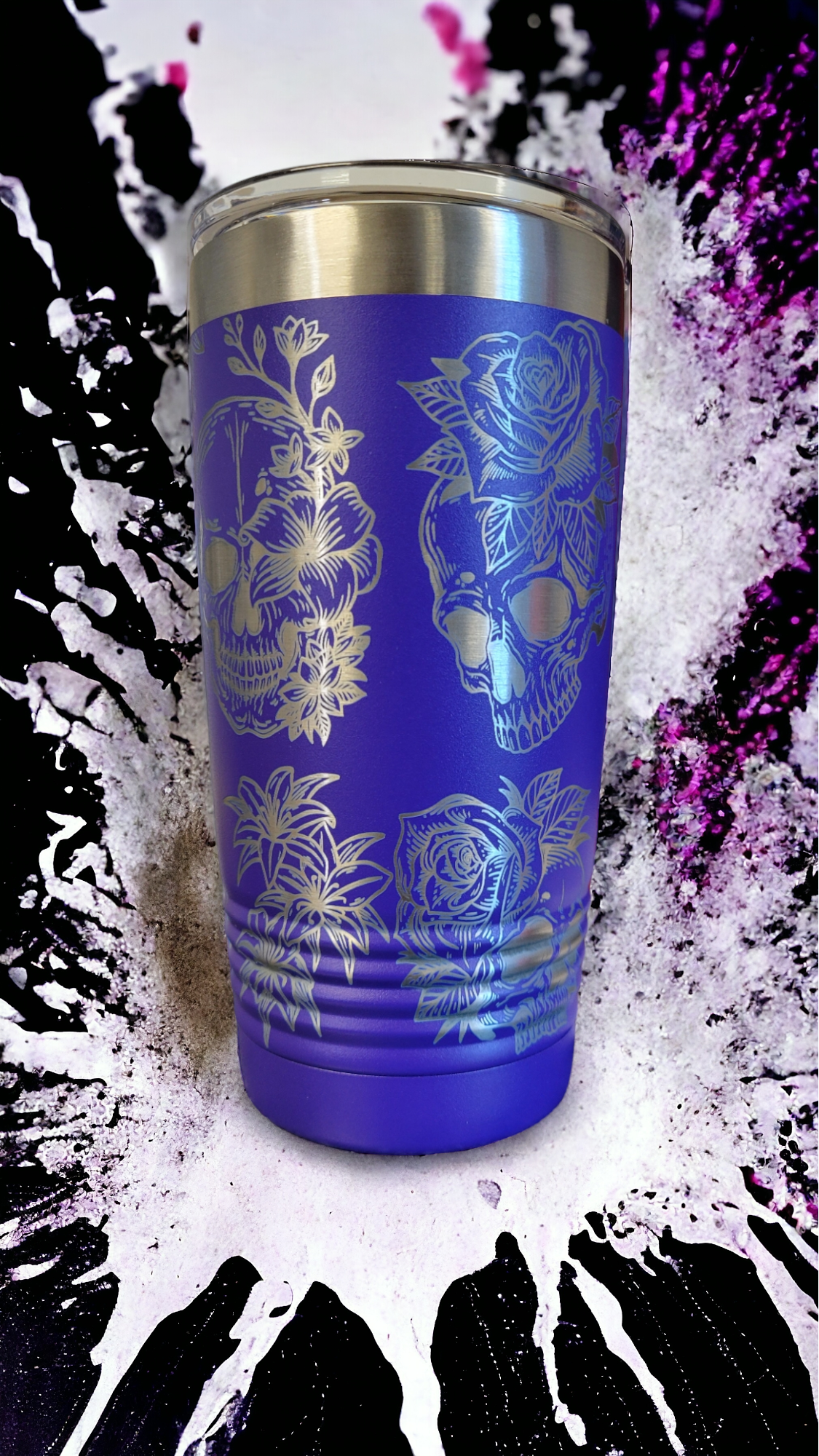 20oz Purple Tumbler, Full Wrap, "Roses & Skulls"