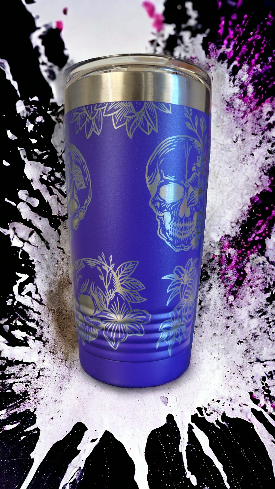 20oz Purple Tumbler, Full Wrap, "Roses & Skulls"