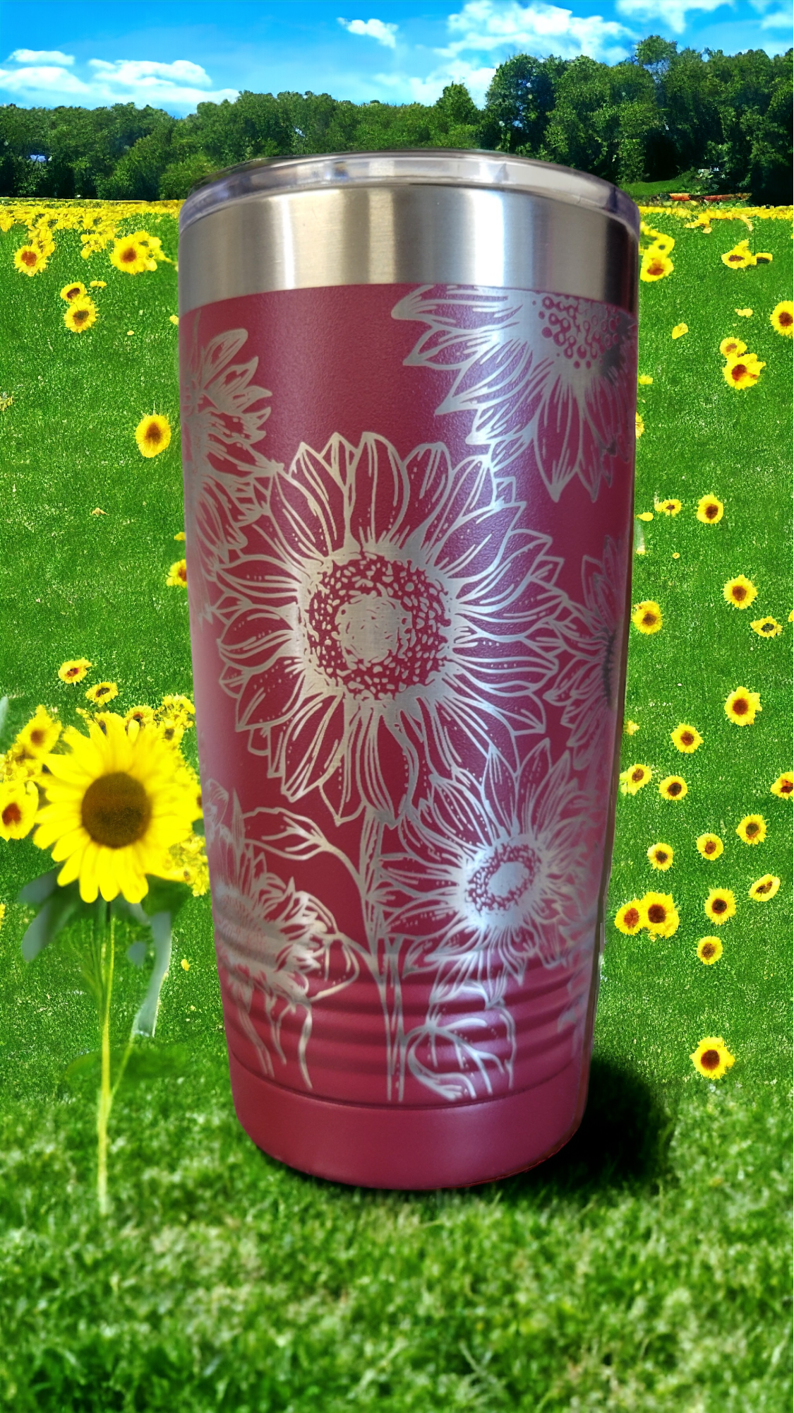 20oz Maroon Tumbler, Full Wrap, "Sunflowers"