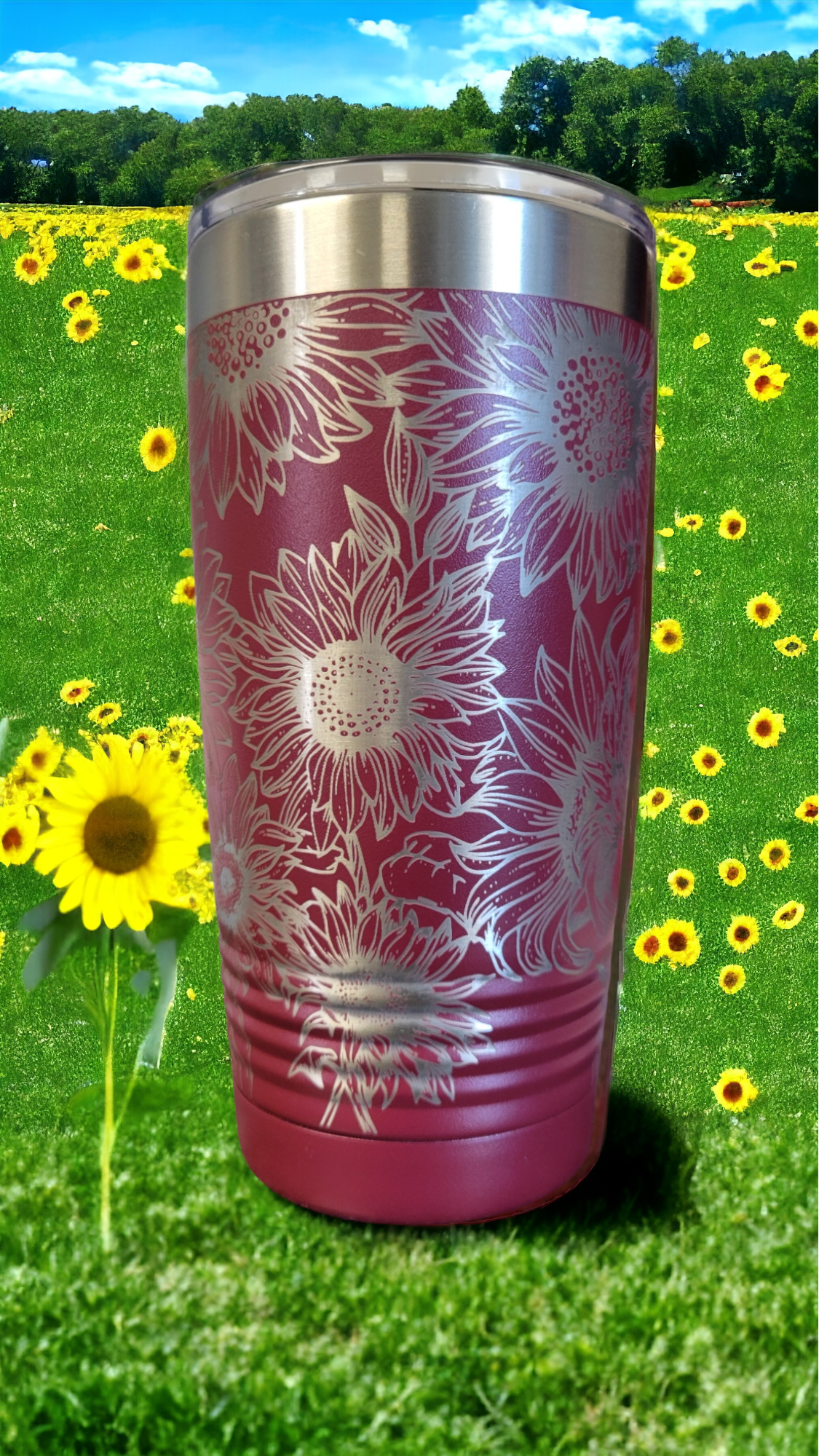 20oz Maroon Tumbler, Full Wrap, "Sunflowers"