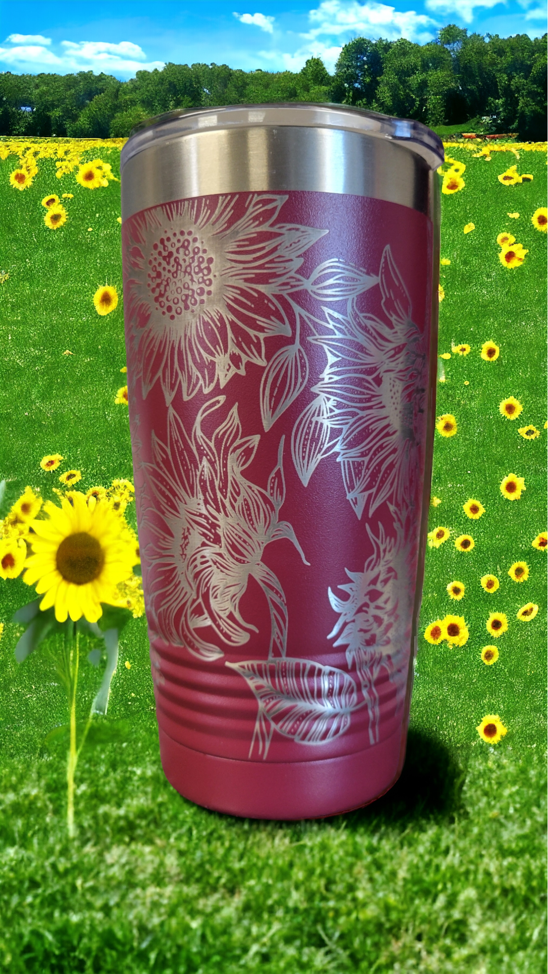 20oz Maroon Tumbler, Full Wrap, "Sunflowers"