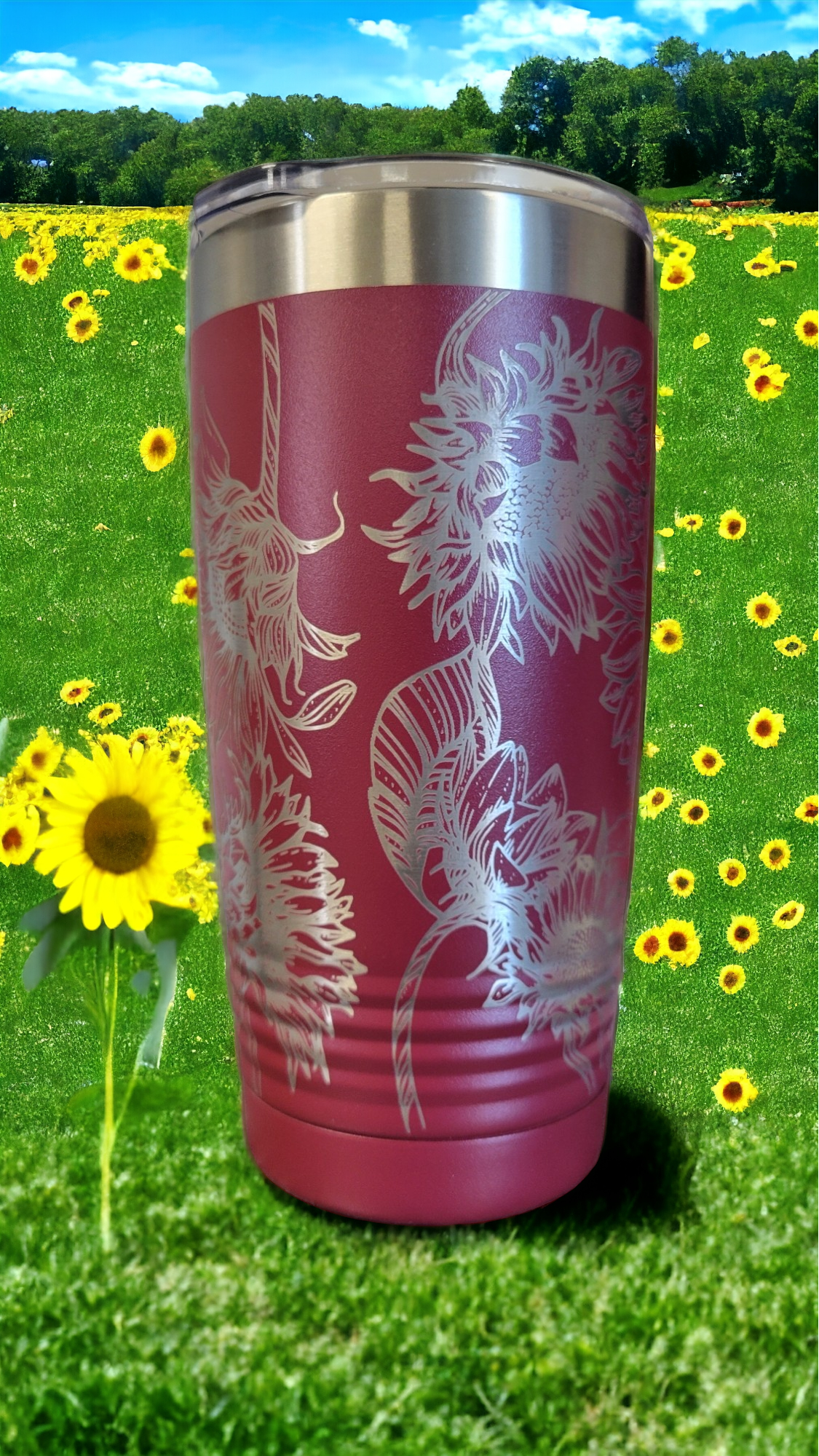 20oz Maroon Tumbler, Full Wrap, "Sunflowers"