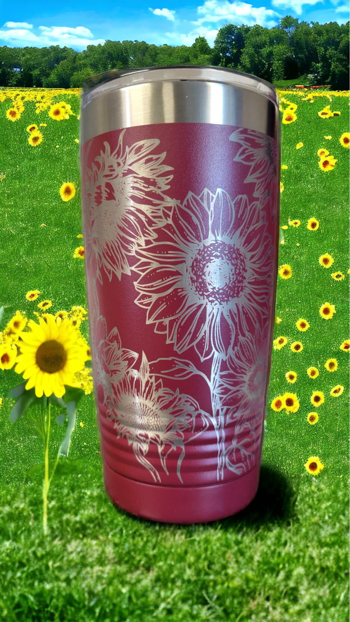 20oz Maroon Tumbler, Full Wrap, "Sunflowers"