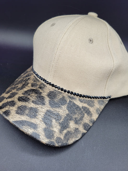 Tan dad cap with gold cheetah foil and black rhinestones