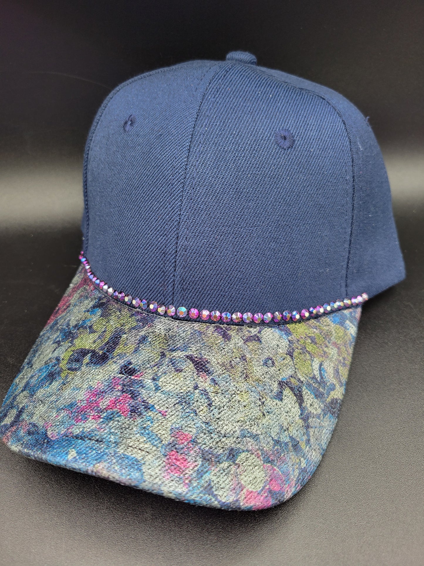 Navy blue dad cap with hydrangea foil and purple rhinestones