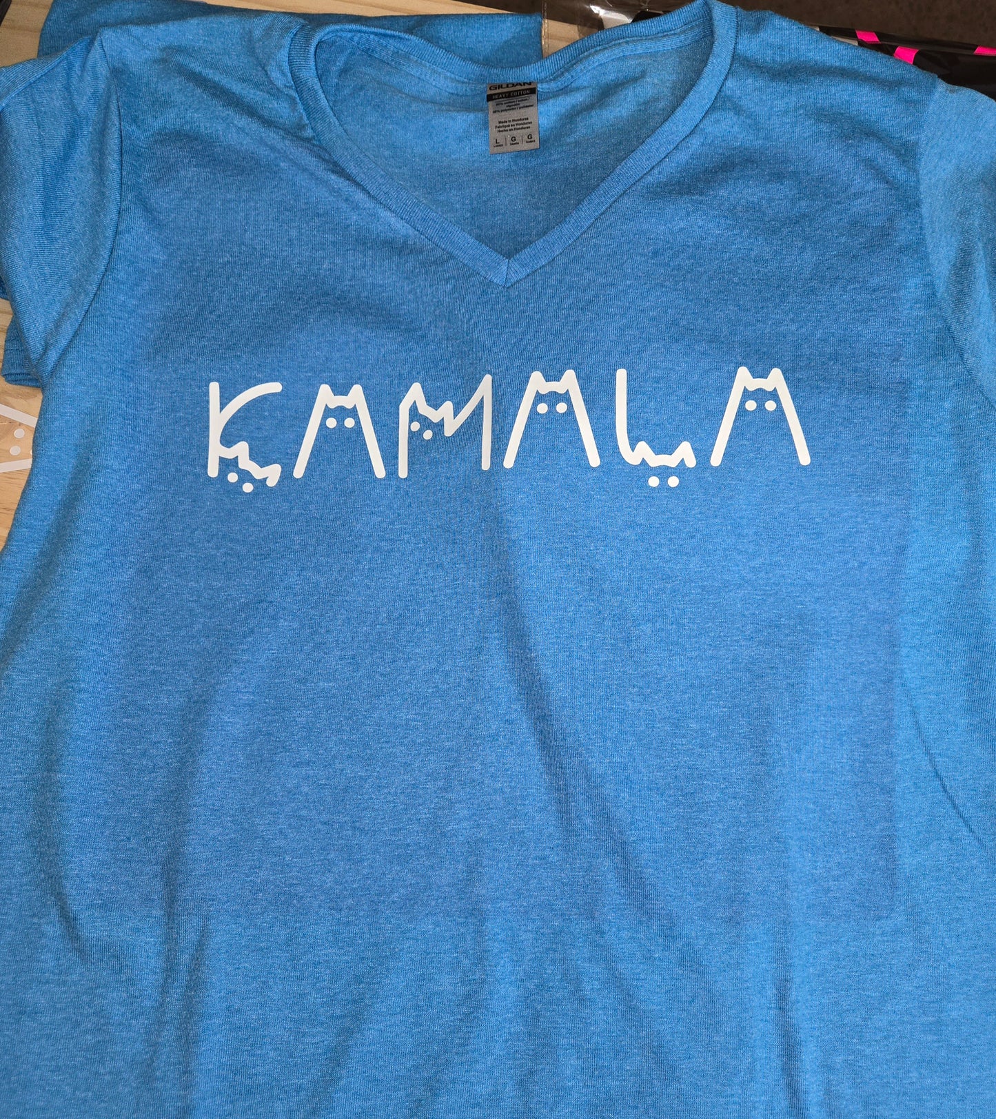 Kamala Cat Letters T-Shirt Aqua (Crew or V-neck)