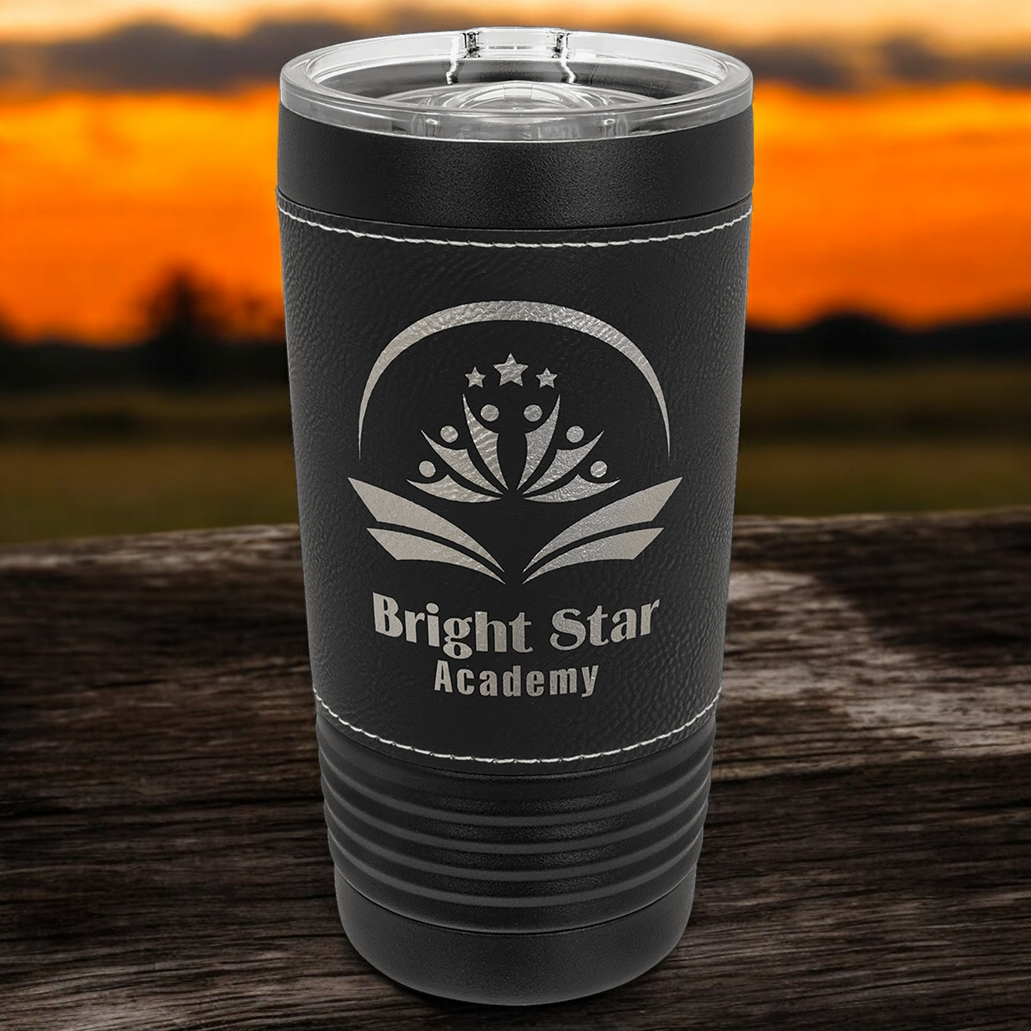 20oz Custom Engraved Black Leatherette Tumbler w/Slider Lid