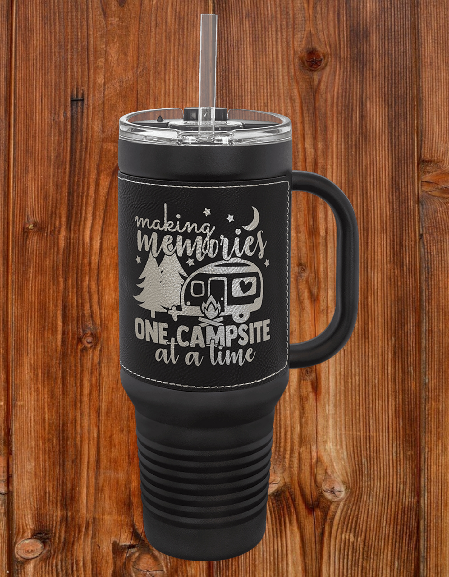 40oz Custom Engraved Black Travel Mug with Leatherette Wrap