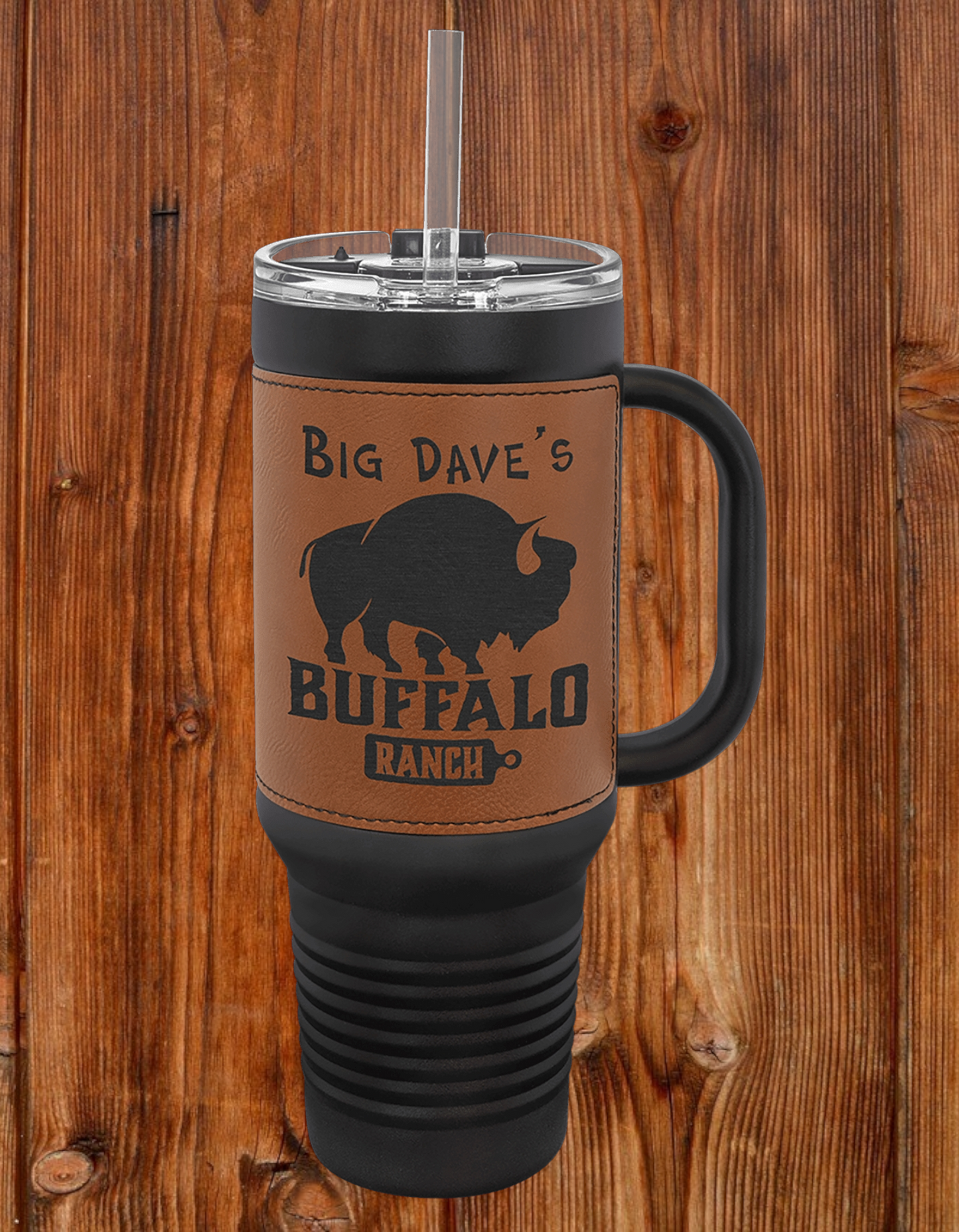 40oz Custom Engraved Black Travel Mug with Leatherette Wrap