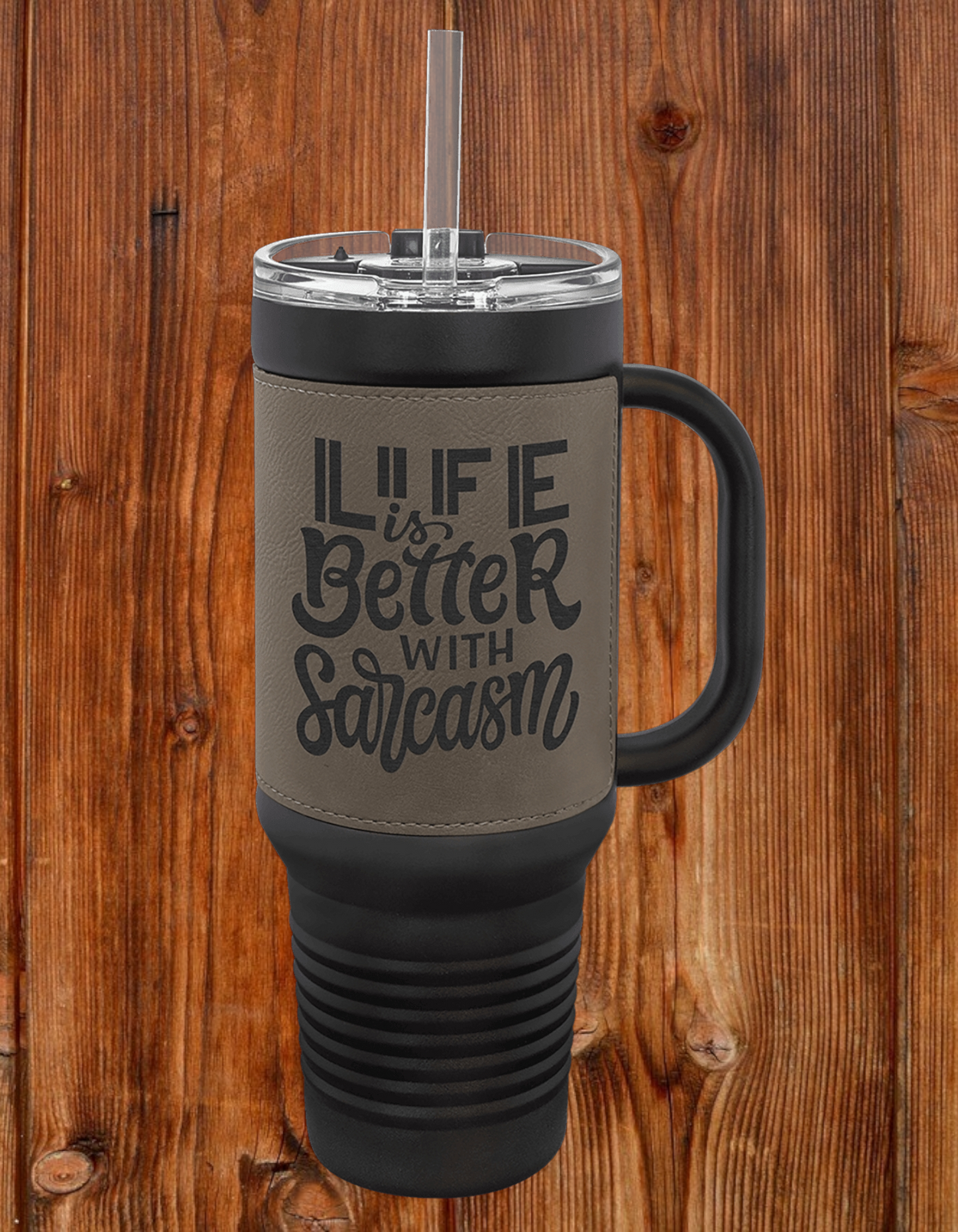 40oz Custom Engraved Black Travel Mug with Leatherette Wrap