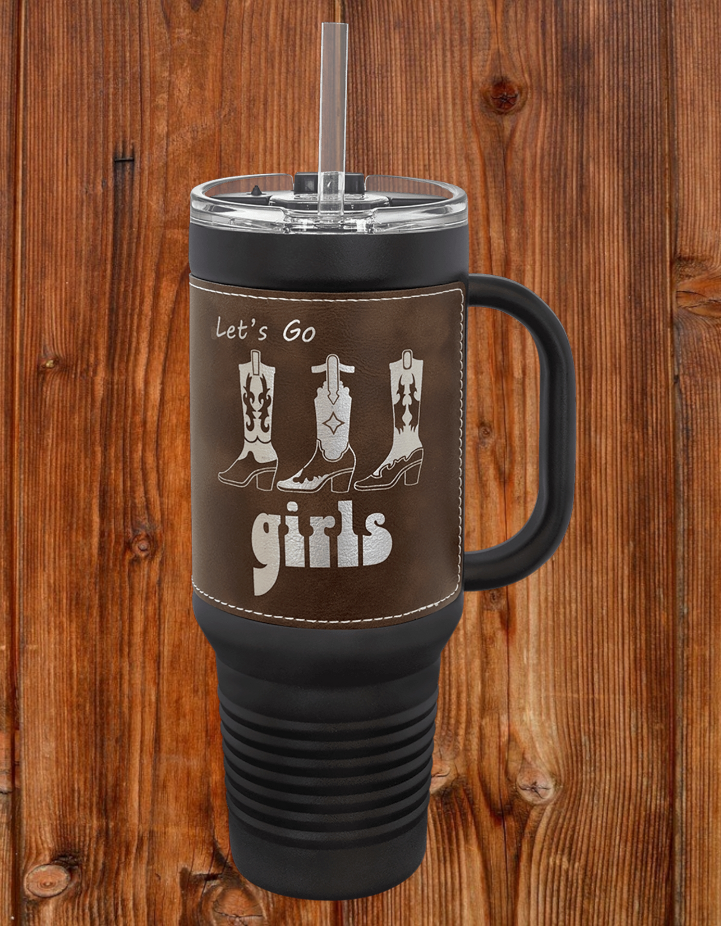 40oz Custom Engraved Black Travel Mug with Leatherette Wrap