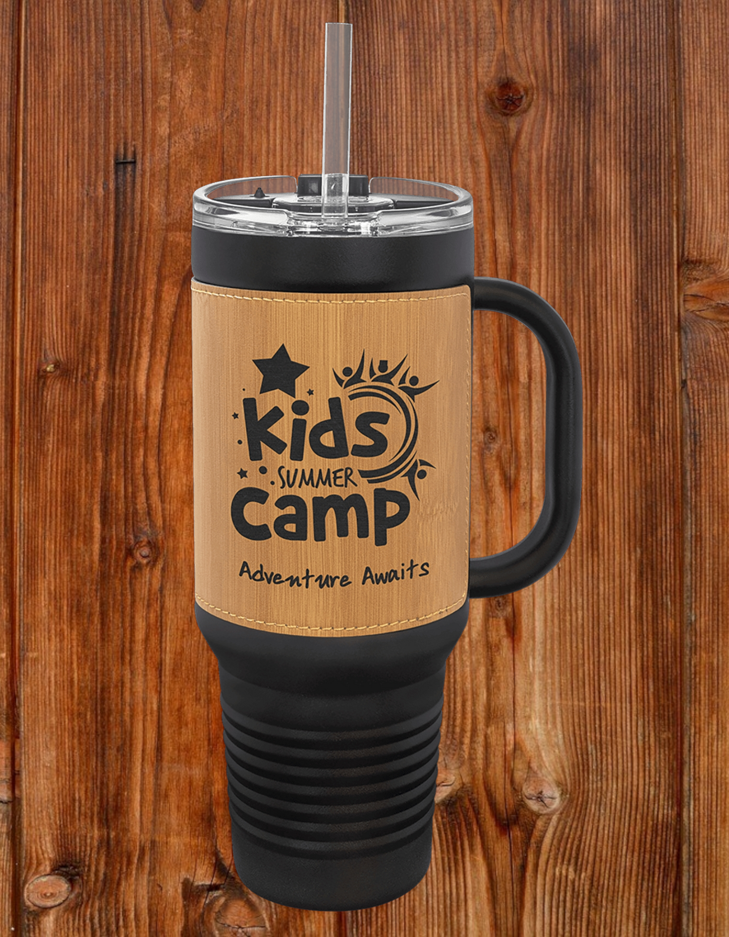 40oz Custom Engraved Black Travel Mug with Leatherette Wrap