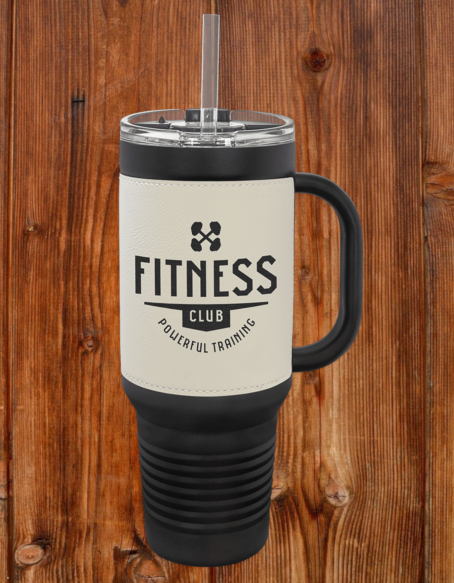 40oz Custom Engraved Black Travel Mug with Leatherette Wrap