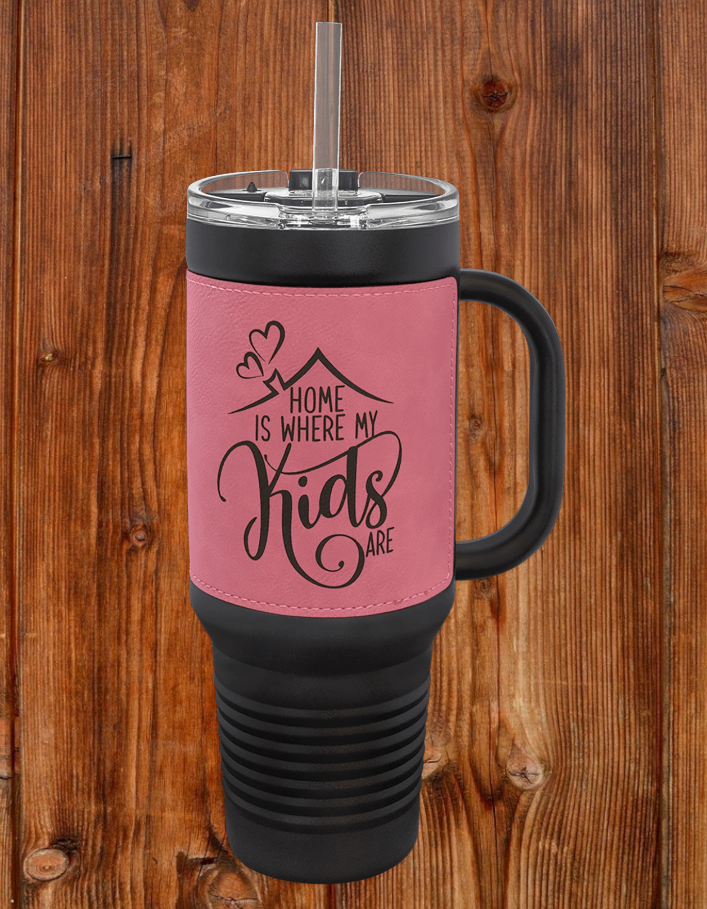 40oz Custom Engraved Black Travel Mug with Leatherette Wrap