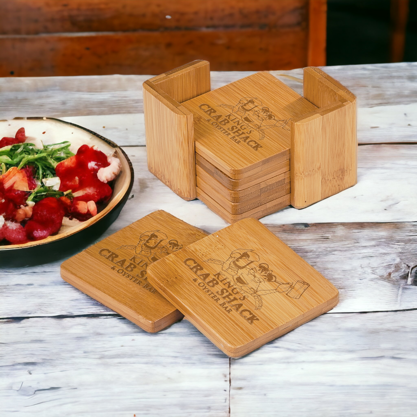 Custom Engraved Bamboo Coaster Set