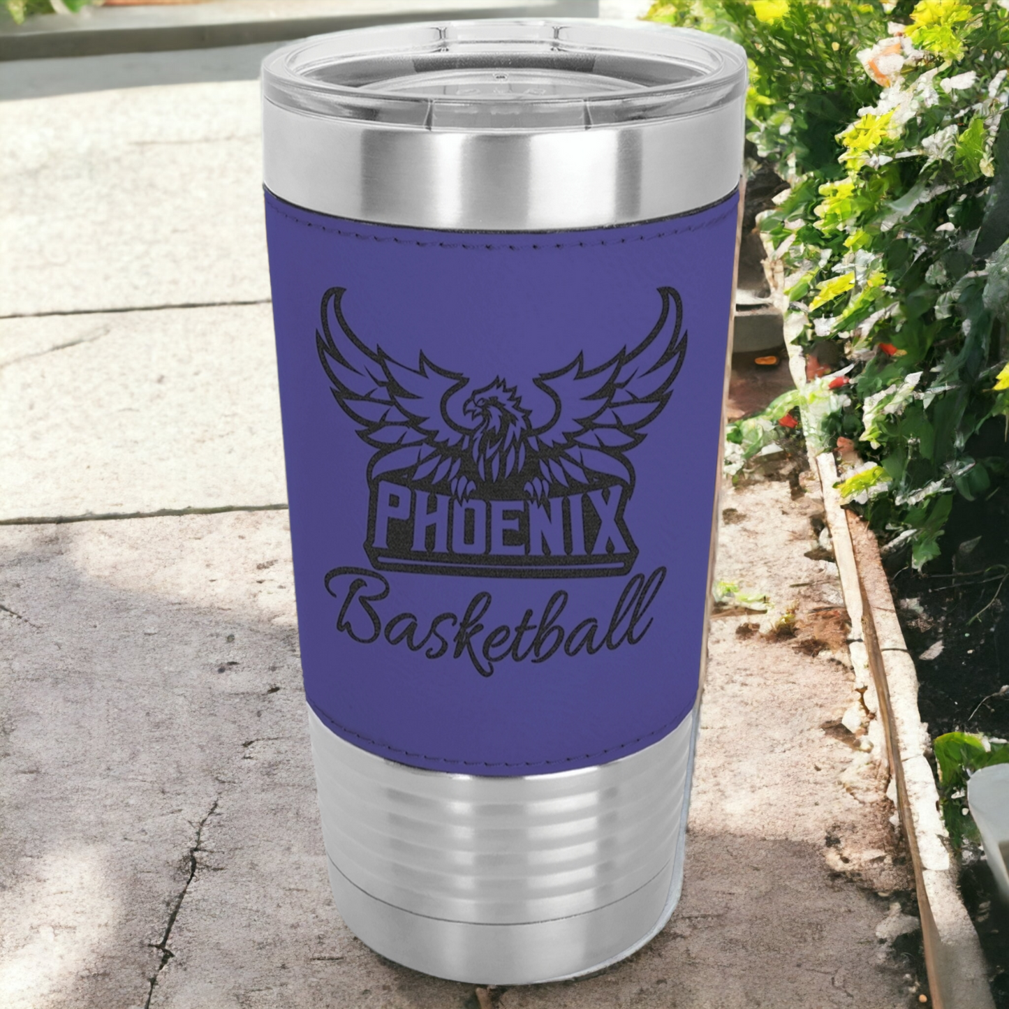 Custom Engraved 20oz Leatherette Stainless Steel Tumbler with Clear Lid, "Polar Camel" Brand