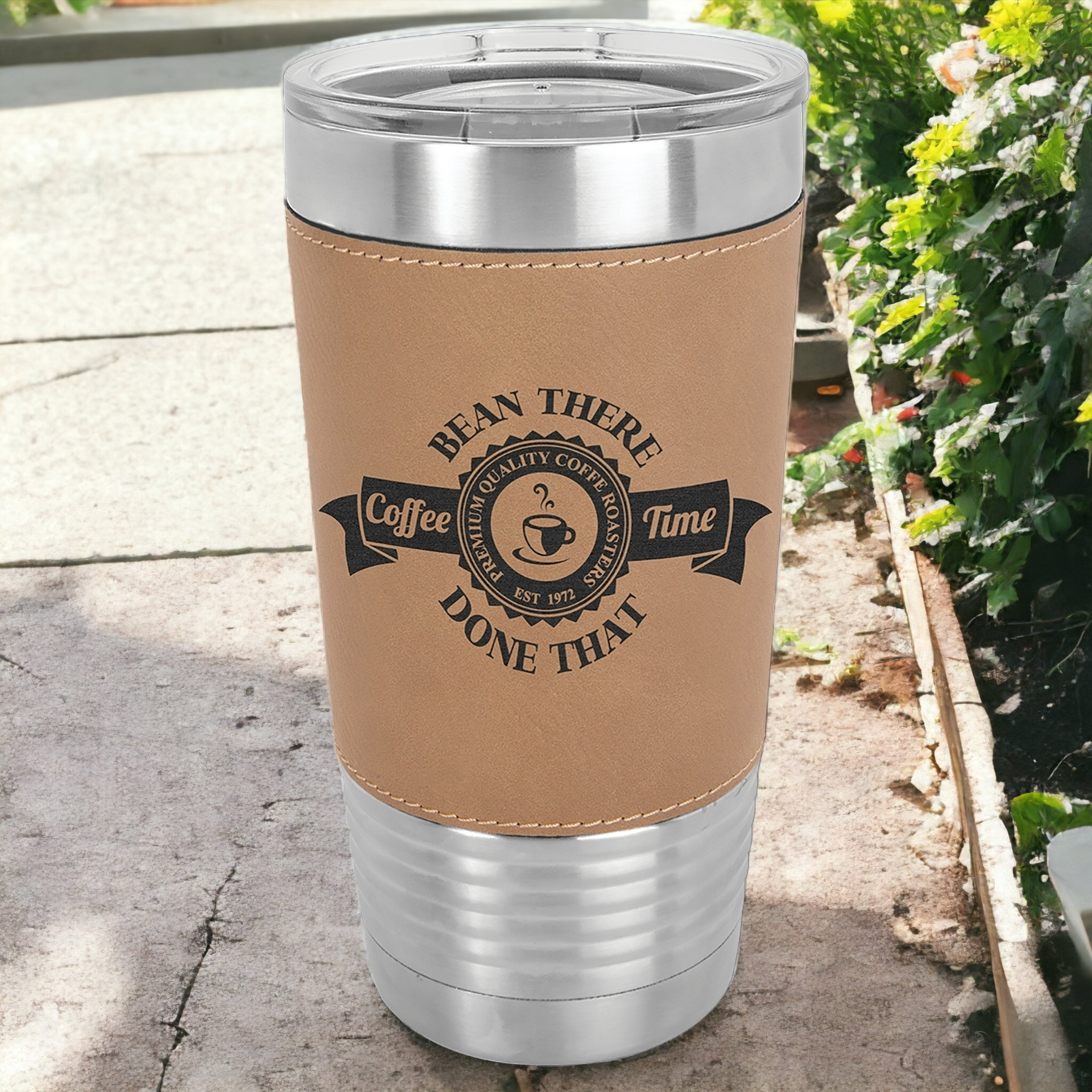 Custom Engraved 20oz Leatherette Stainless Steel Tumbler with Clear Lid, "Polar Camel" Brand