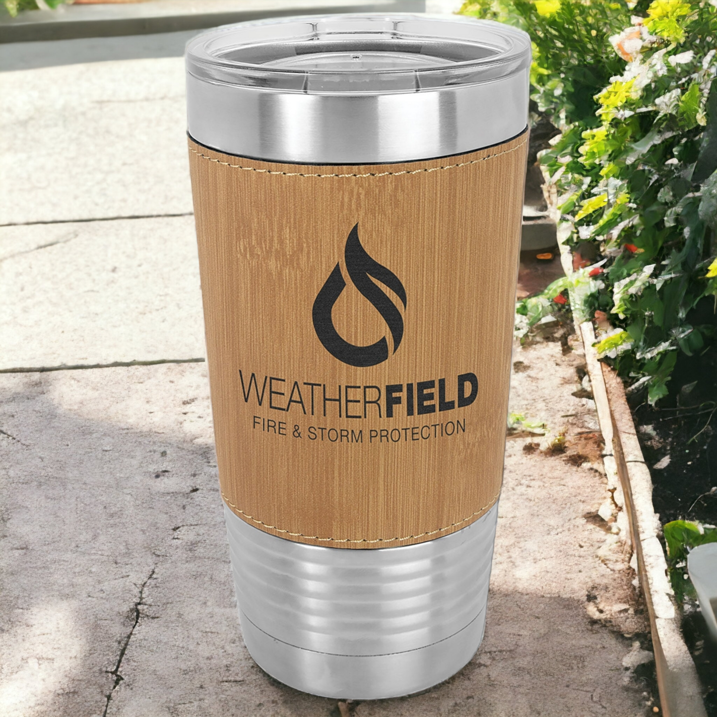 Custom Engraved 20oz Leatherette Stainless Steel Tumbler with Clear Lid, "Polar Camel" Brand