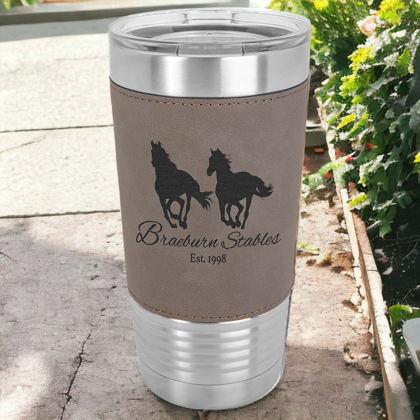 Custom Engraved 20oz Leatherette Stainless Steel Tumbler with Clear Lid, "Polar Camel" Brand