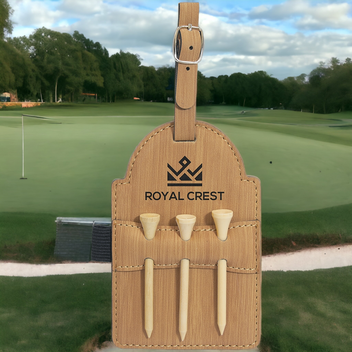 Custom Engraved Leatherette Golf Bag Tag (incl. Wooden Tees)