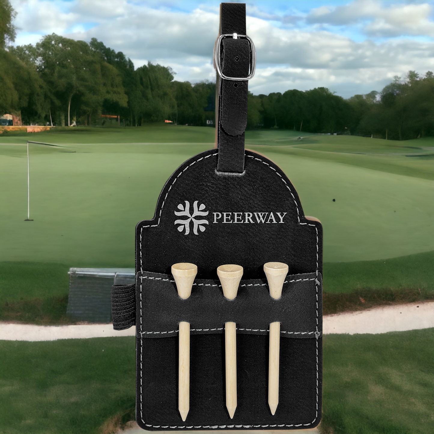 Custom Engraved Leatherette Golf Bag Tag (incl. Wooden Tees)