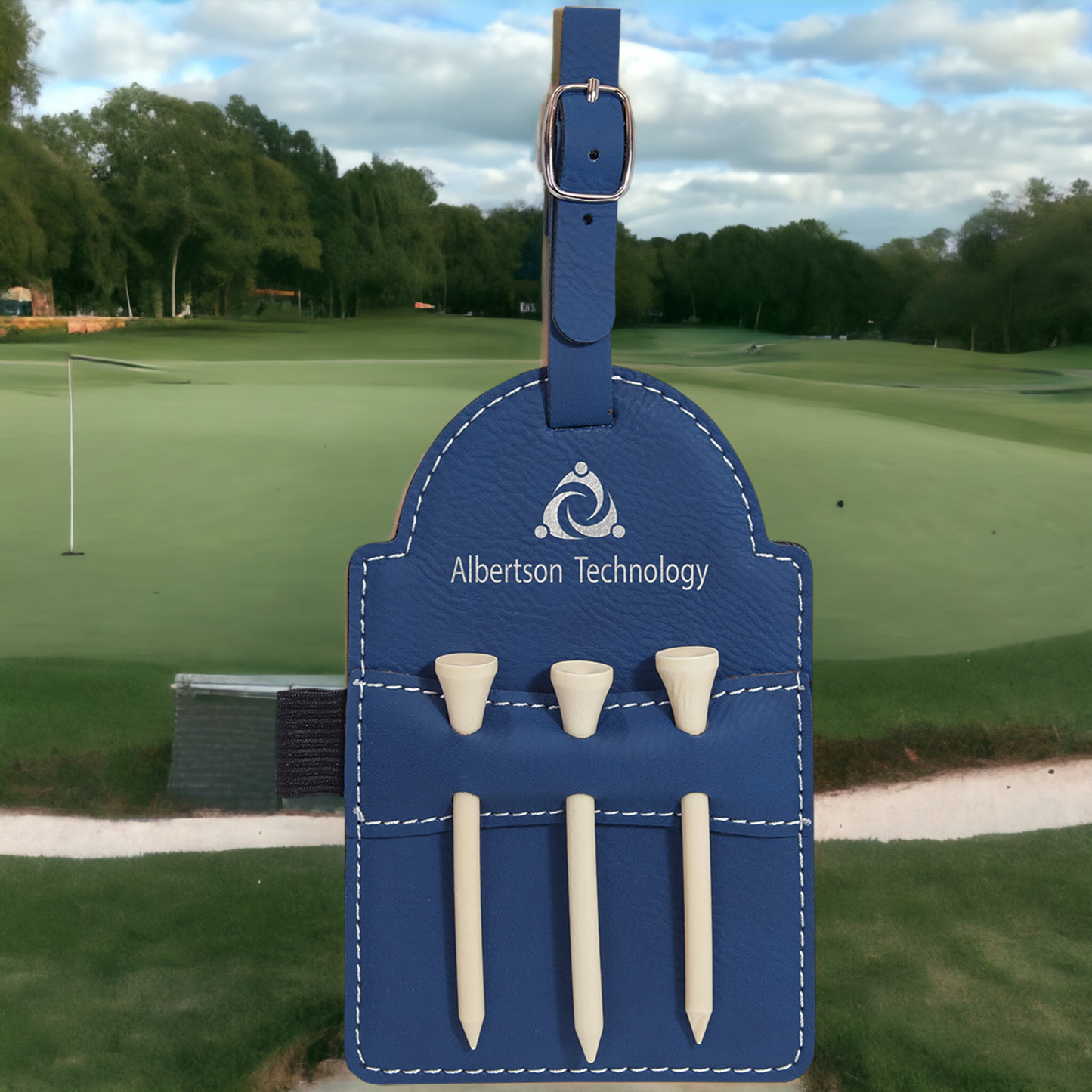 Custom Engraved Leatherette Golf Bag Tag (incl. Wooden Tees)