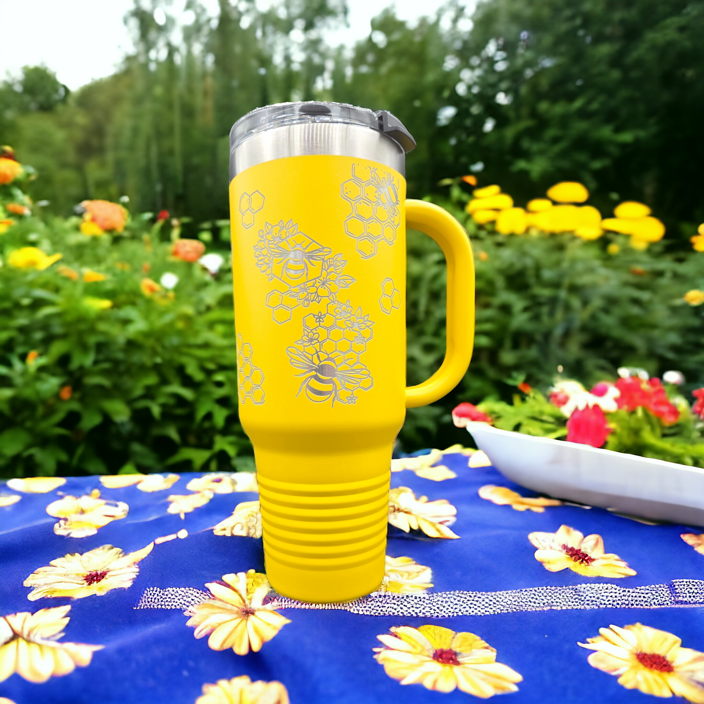 Custom 40oz Bee Themed Mug w/Handle and Straw 3/4 Wrap