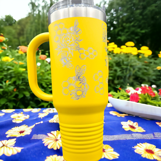 Custom 40oz Bee Themed Mug w/Handle and Straw 3/4 Wrap