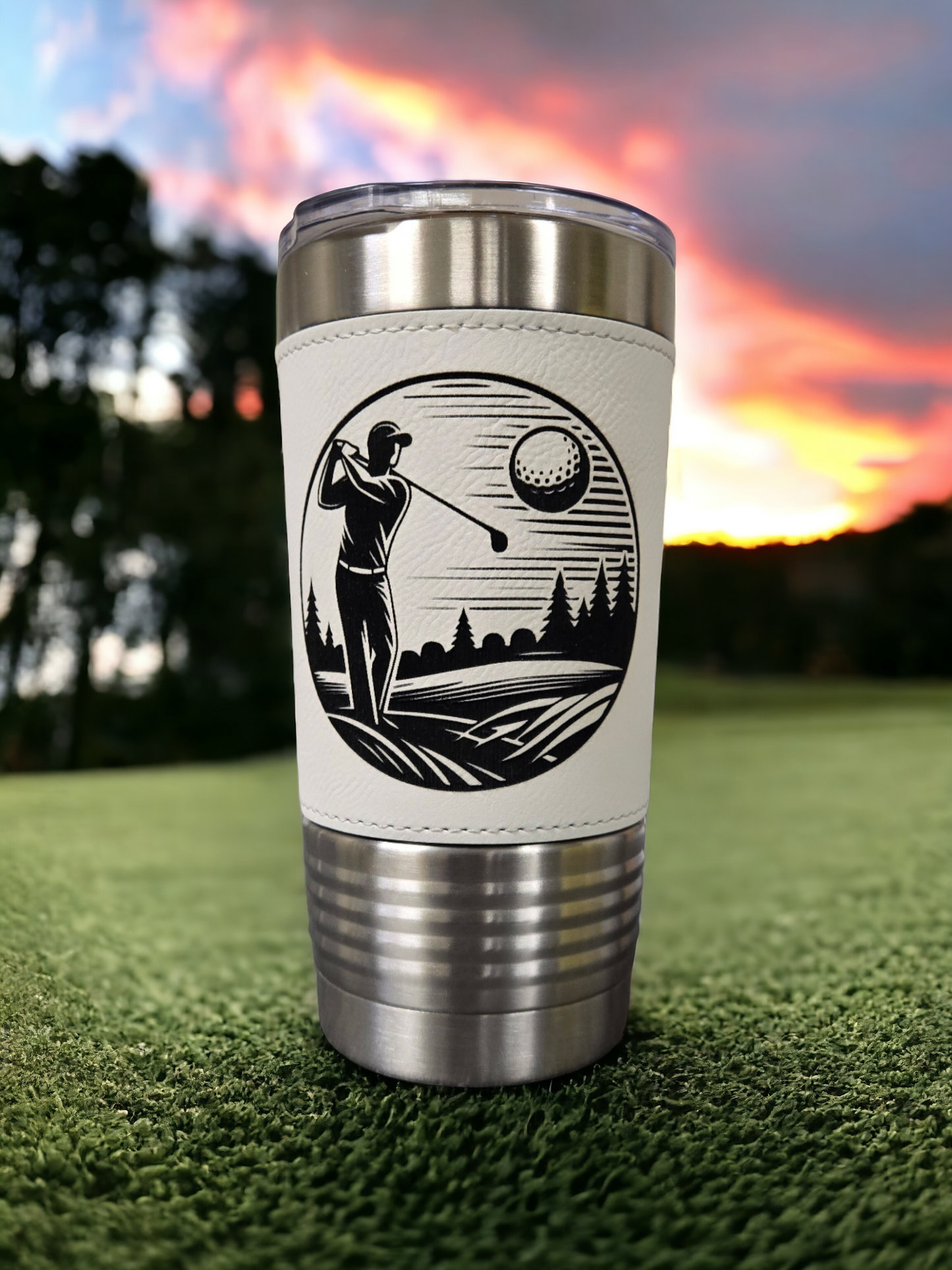 20oz White Leatherette Tumbler Golf Themed