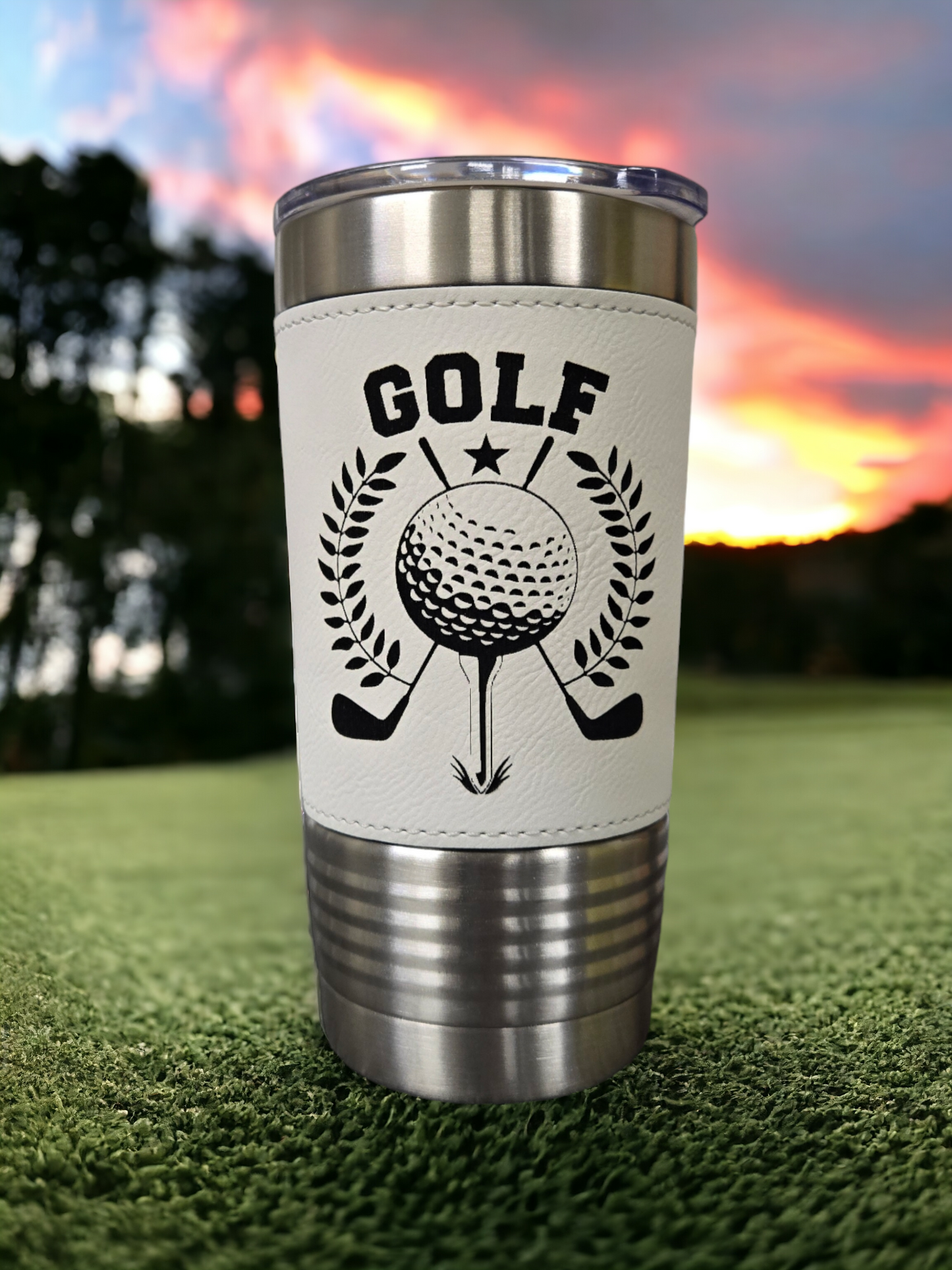 20oz White Leatherette Tumbler Golf Themed