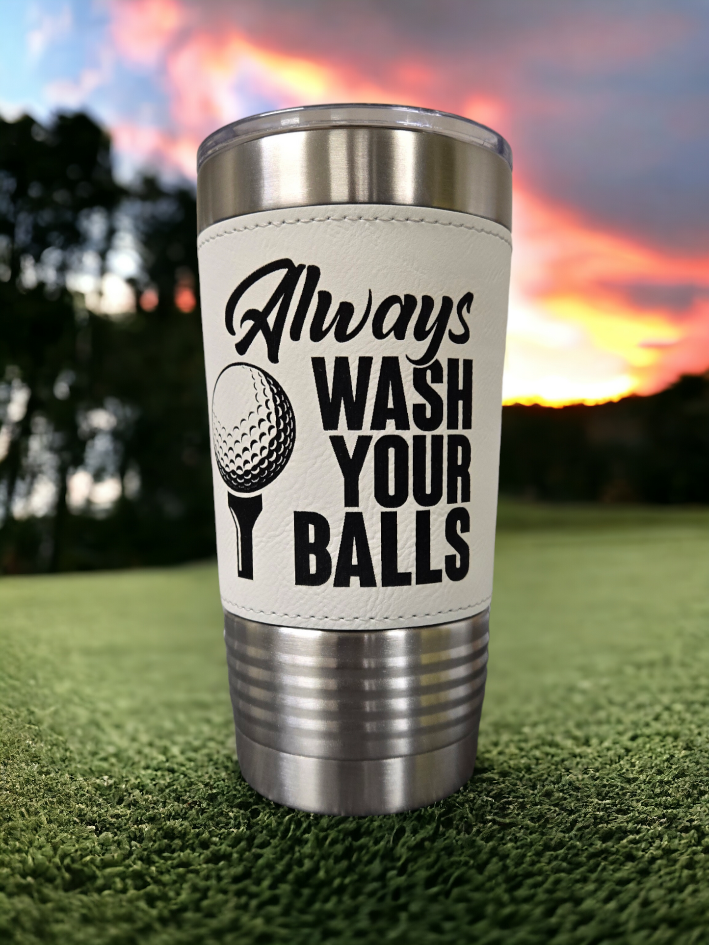 20oz White Leatherette Tumbler Golf Themed