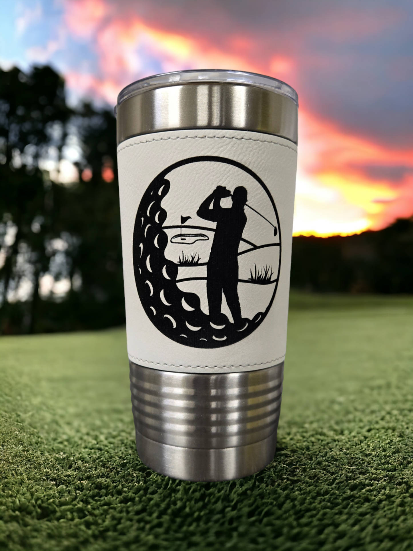 20oz White Leatherette Tumbler Golf Themed