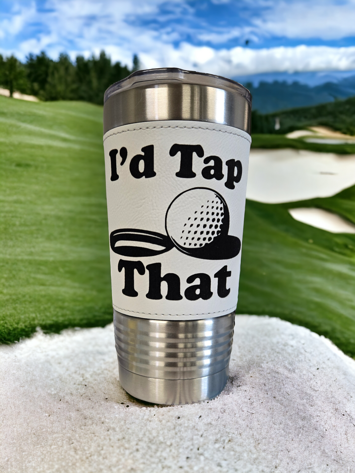 20oz White Leatherette Tumbler Golf Themed