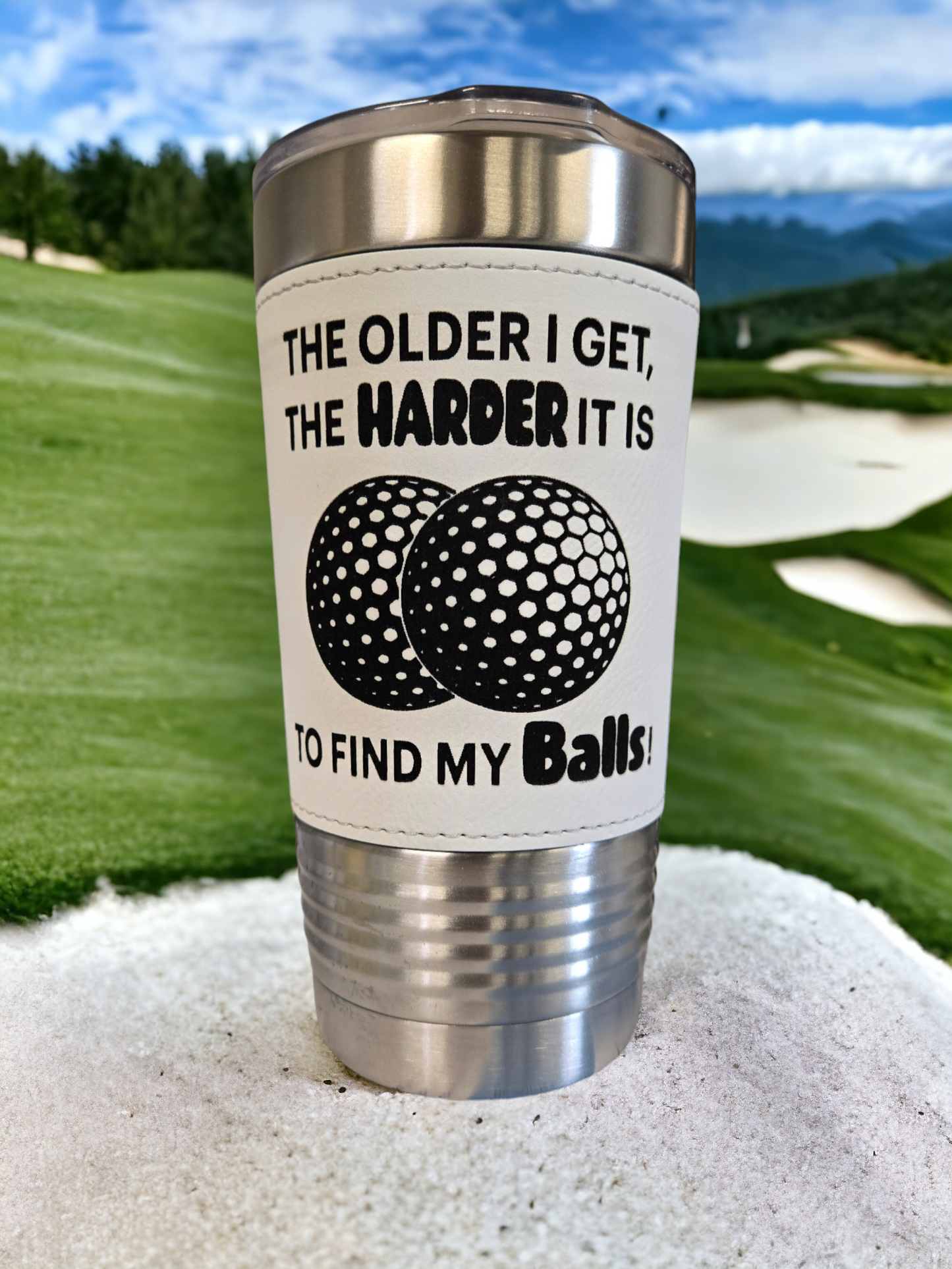 20oz White Leatherette Tumbler Golf Themed