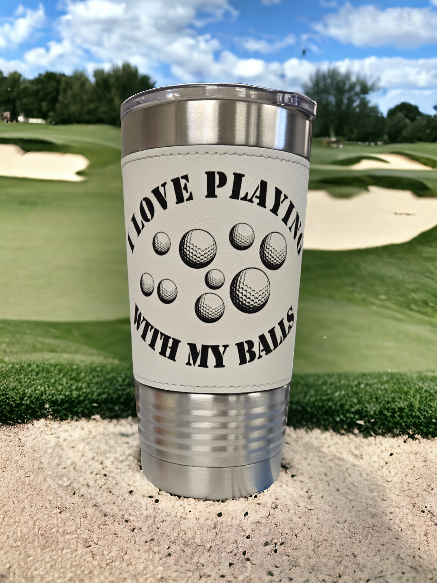 20oz White Leatherette Tumbler Golf Themed