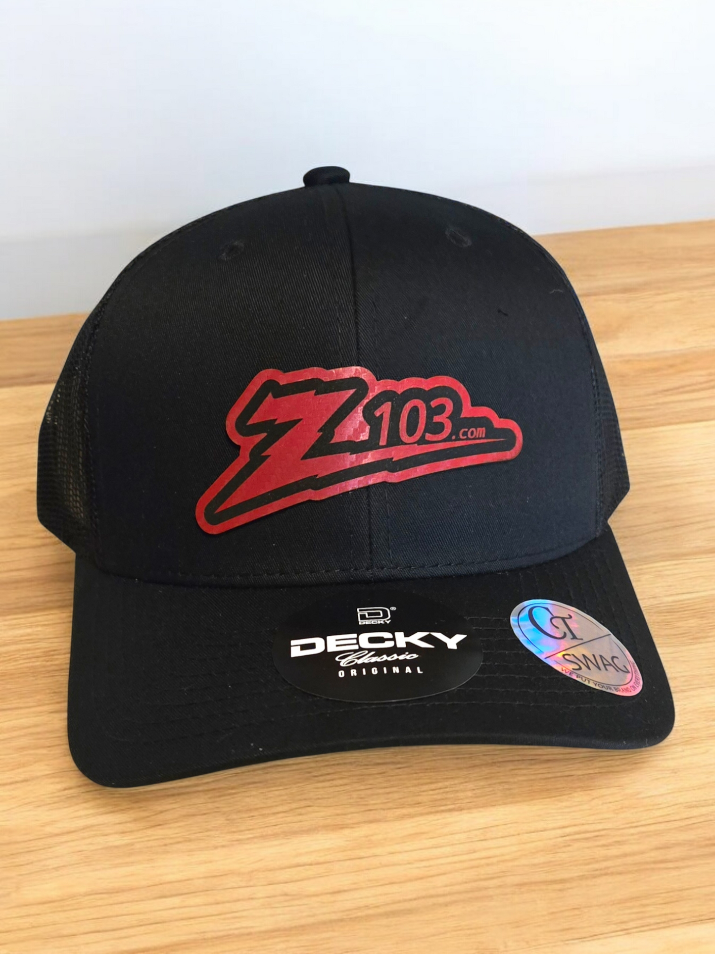 Z103 Trucker Hat w/Carbon Fiber Look Red Leatherette Patch