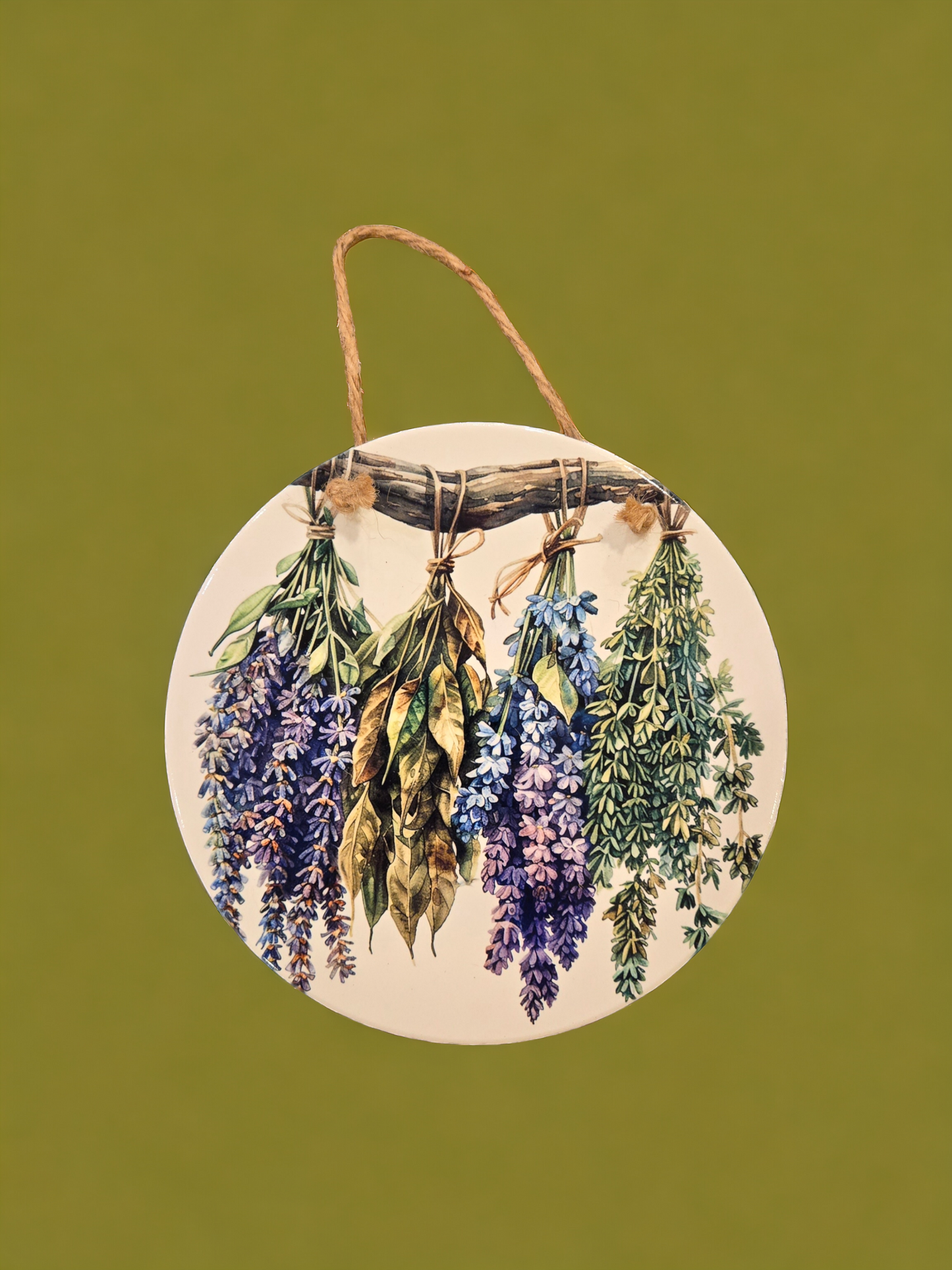 7" round ceramic hanging herb bundles wall plaque (herb4#11)