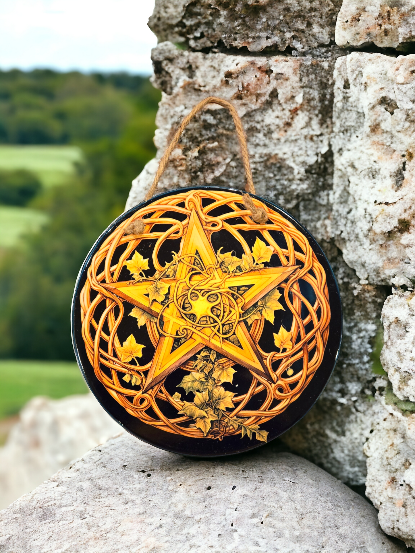 7" round ceramic golden pentagram star wall plaque (litha3#3)