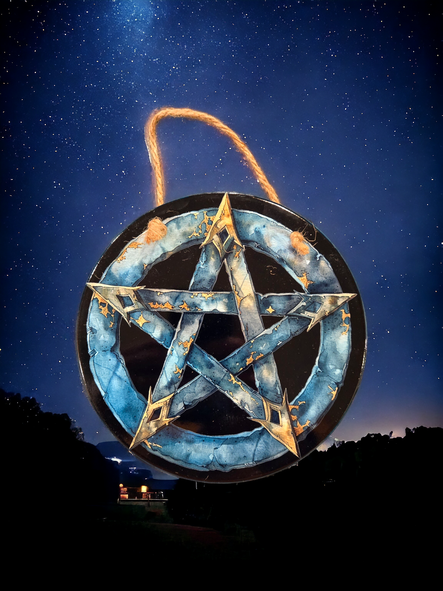 7" round ceramic teal pentagram star wall plaque (lunar4#6)