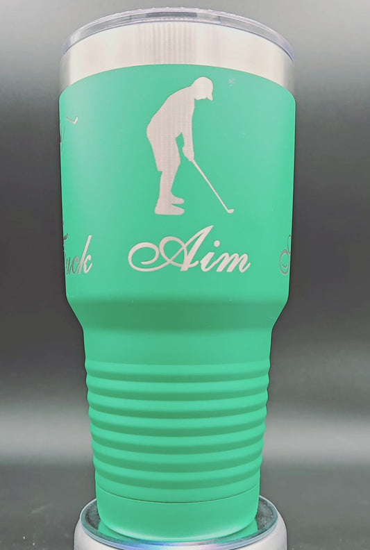 30oz Green Tumbler with Clear Lid "Aim, Swing, Whack, Fu&#"